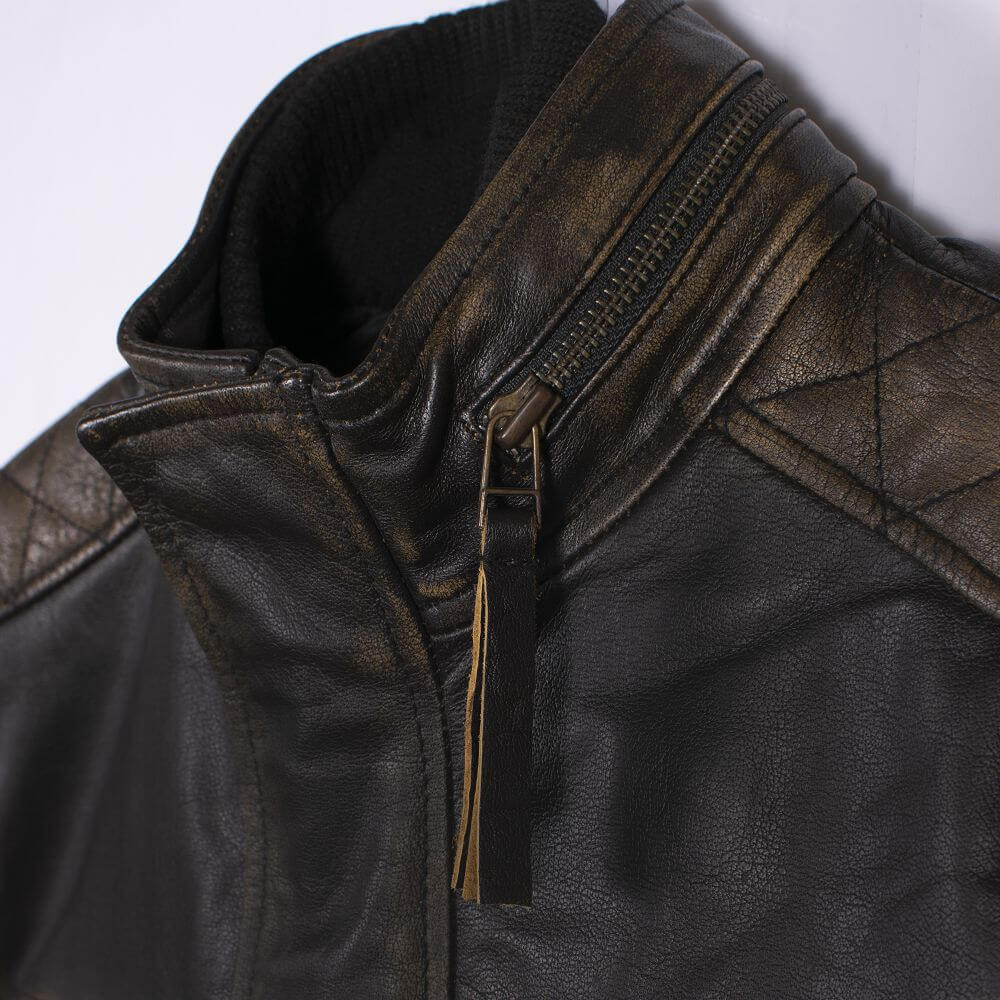 Distressed Black Leather Jacket With Double Collar For Men