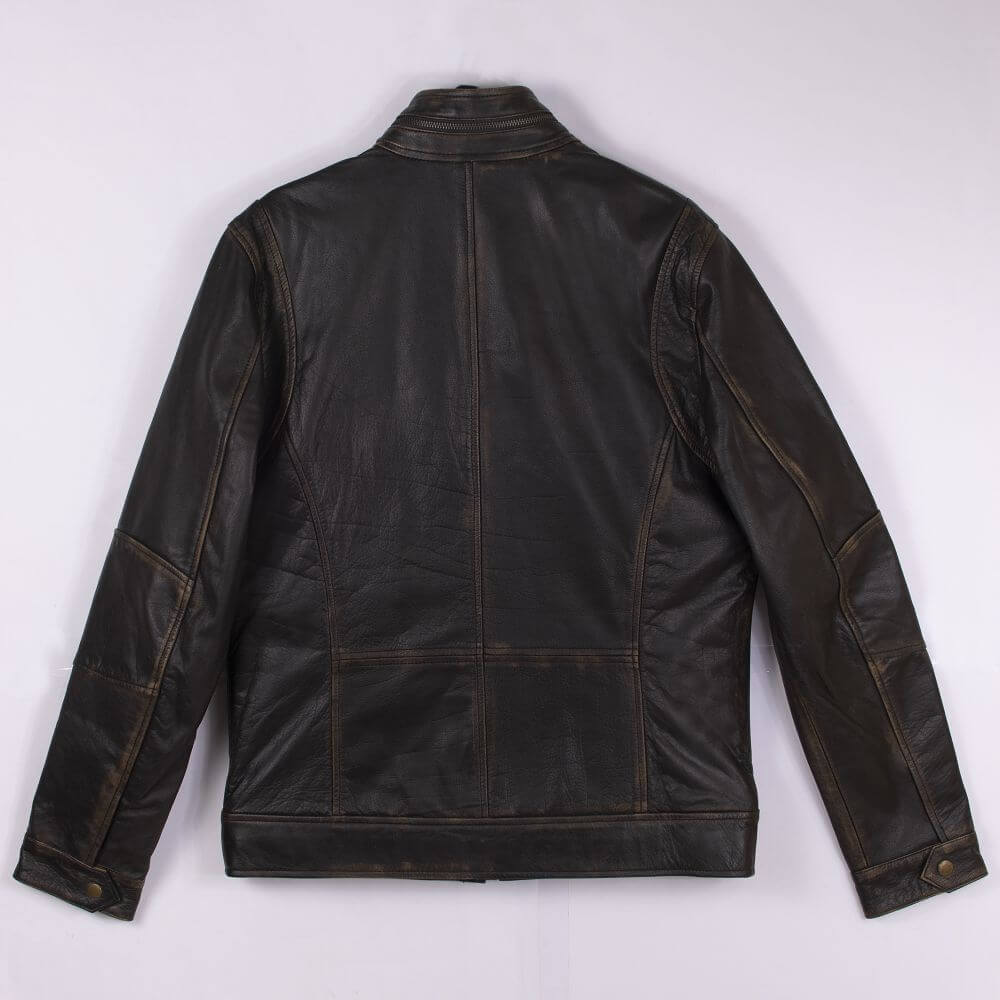 Distressed Black Leather Jacket With Double Collar For Men
