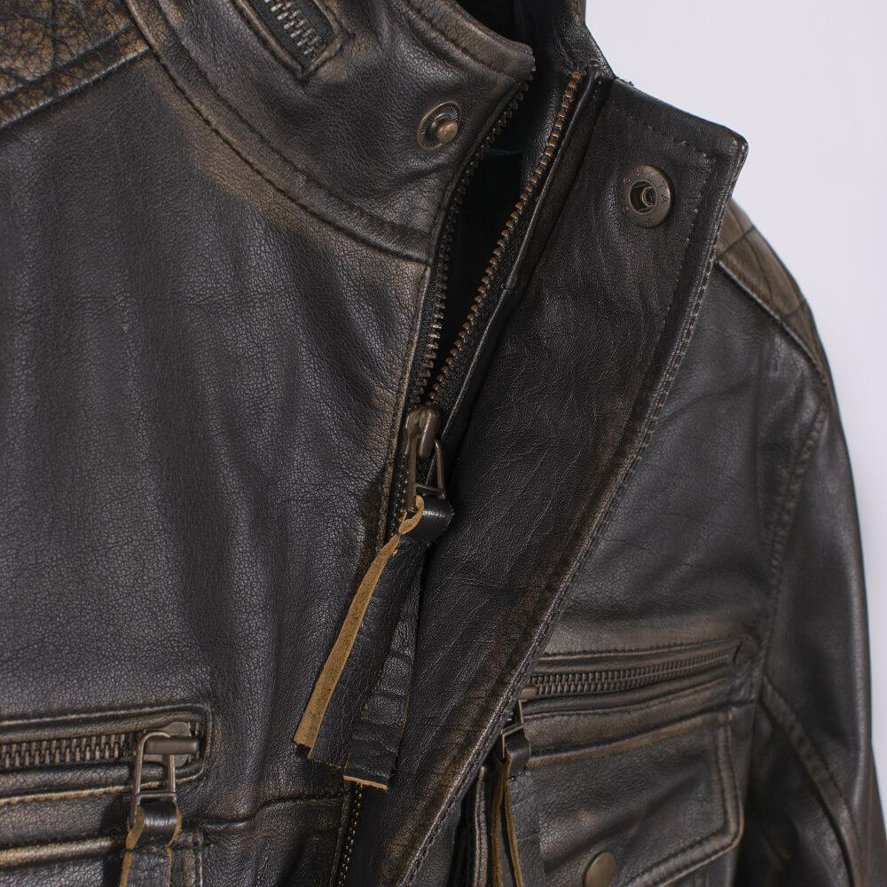 Distressed Black Leather Jacket With Double Collar For Men