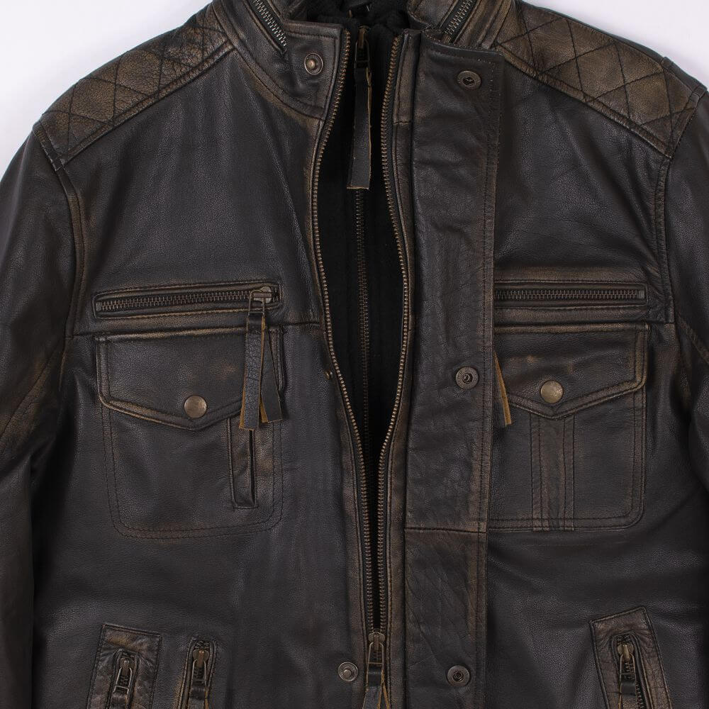 Distressed Black Leather Jacket With Double Collar For Men