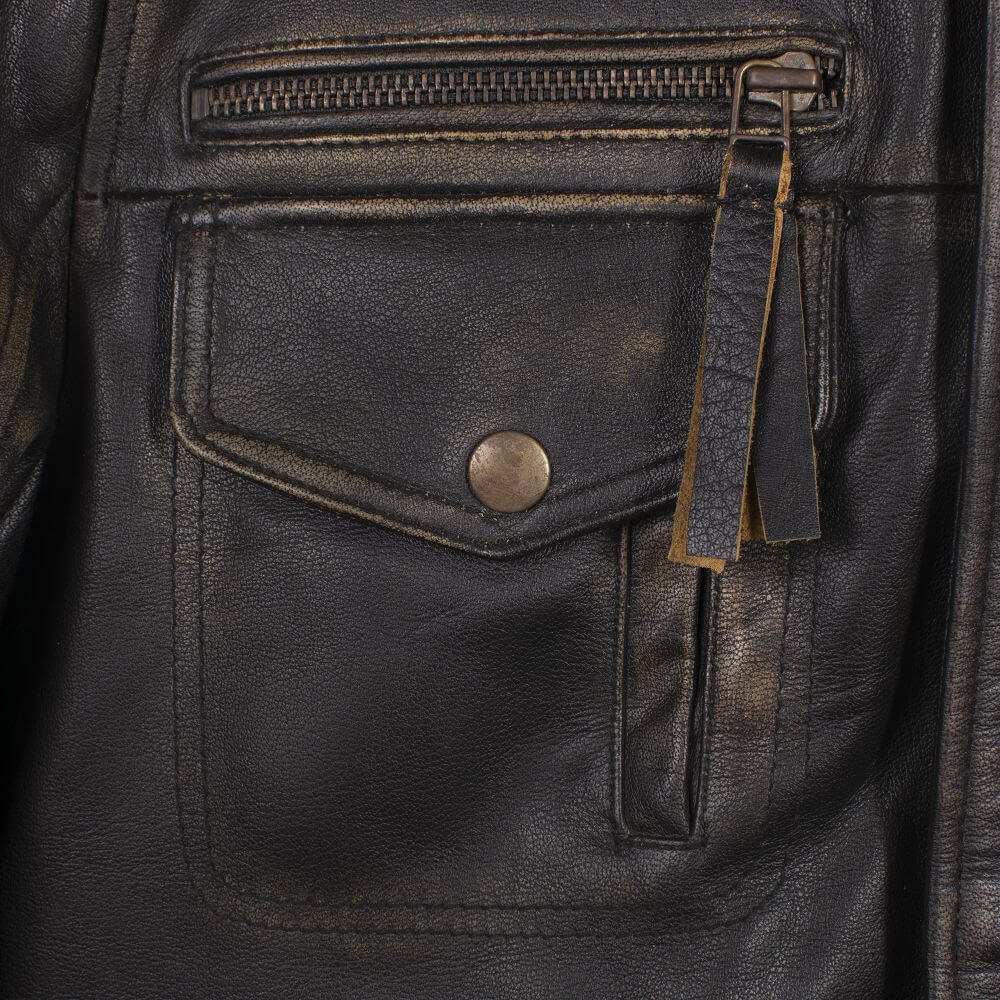 Distressed Black Leather Jacket With Double Collar For Men