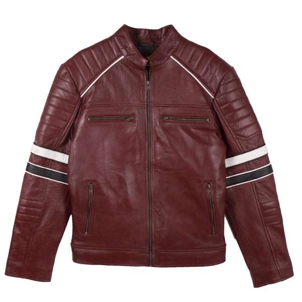 Cafe Racer Dark Red Leather Jacket with Contrast Stripe For Men