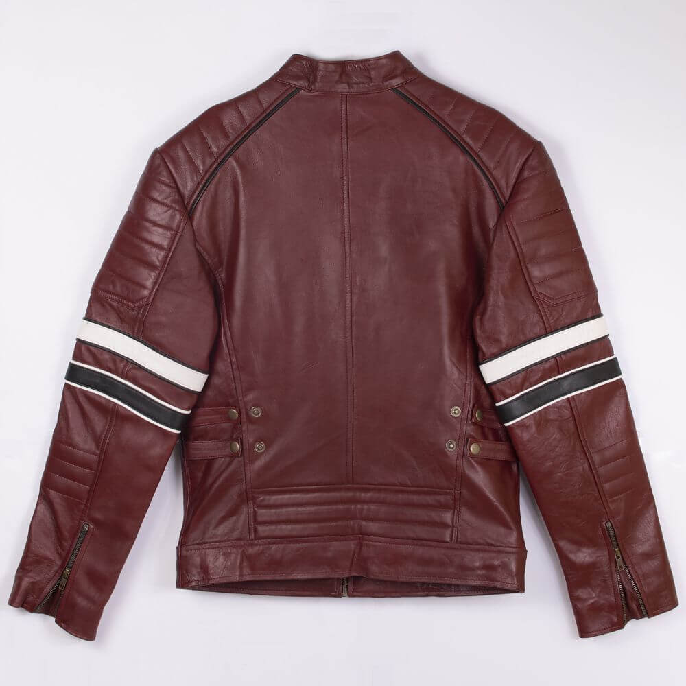 Cafe Racer Dark Red Leather Jacket with Contrast Stripe For Men