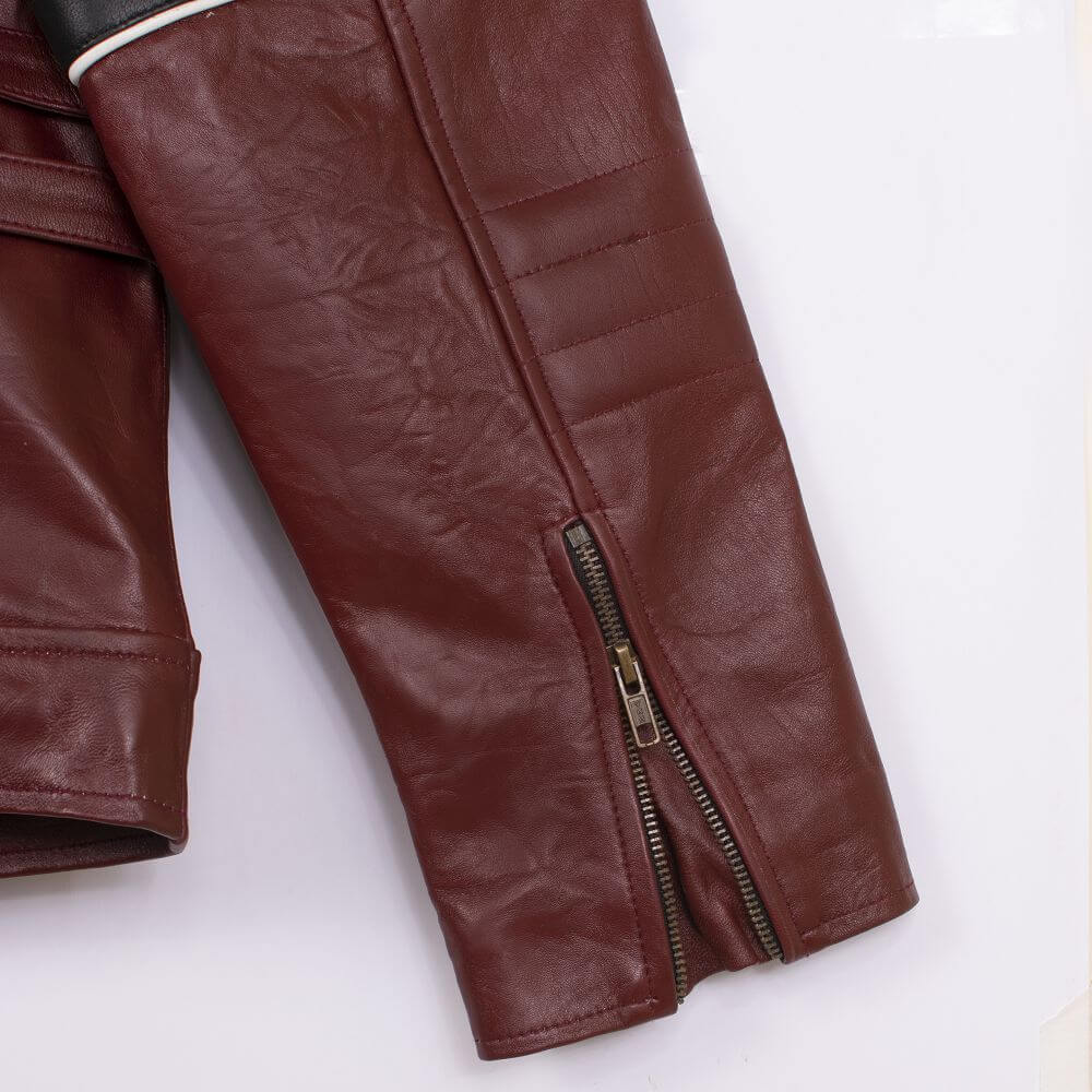 Cafe Racer Dark Red Leather Jacket with Contrast Stripe For Men