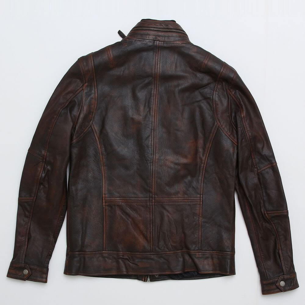 Distressed Brown Leather Jacket With Double Collar For Men