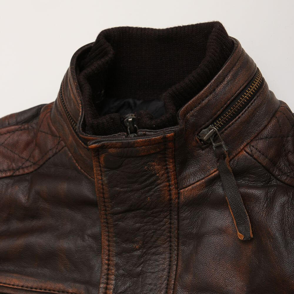 Distressed Brown Leather Jacket With Double Collar For Men