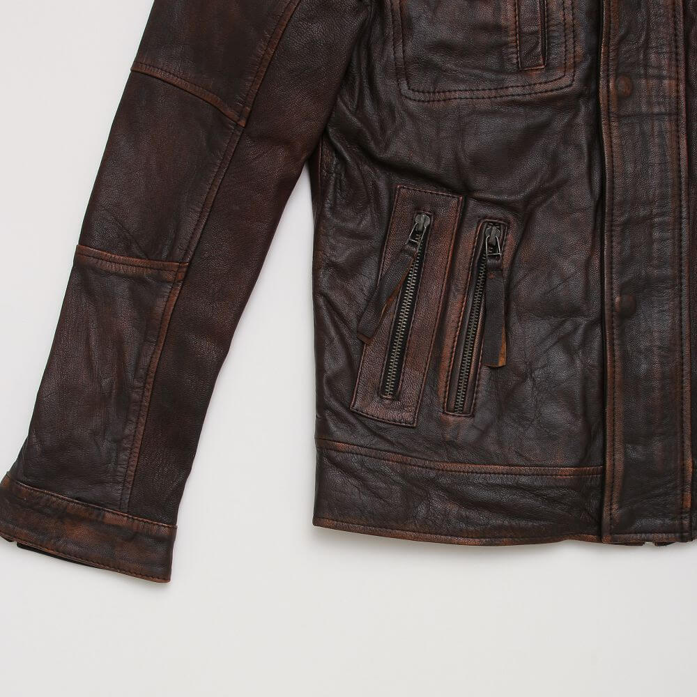 Distressed Brown Leather Jacket With Double Collar For Men