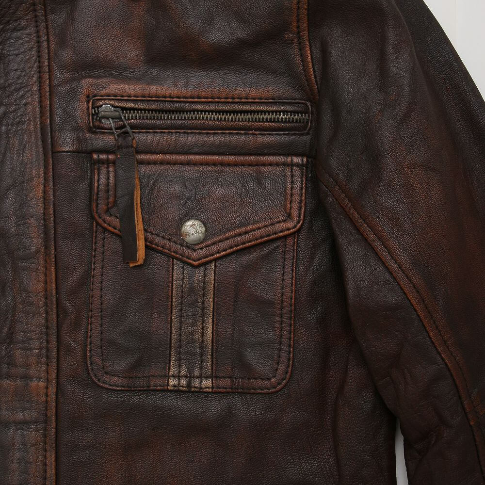 Distressed Brown Leather Jacket With Double Collar For Men