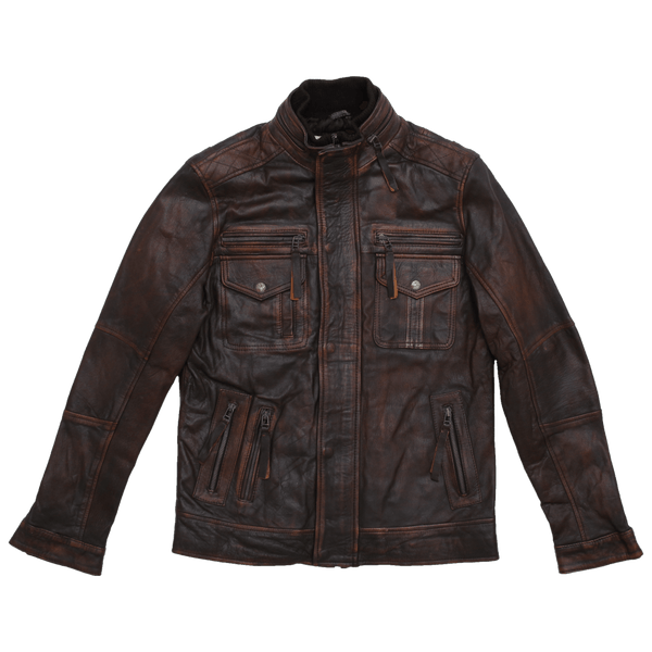 Distressed Brown Leather Jacket With Double Collar For Men