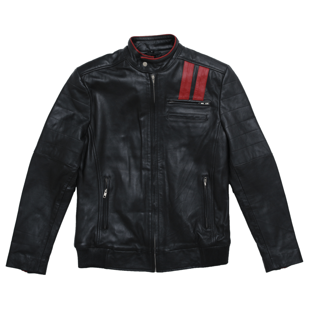 Black Leather Jacket With Red Stripe For Men