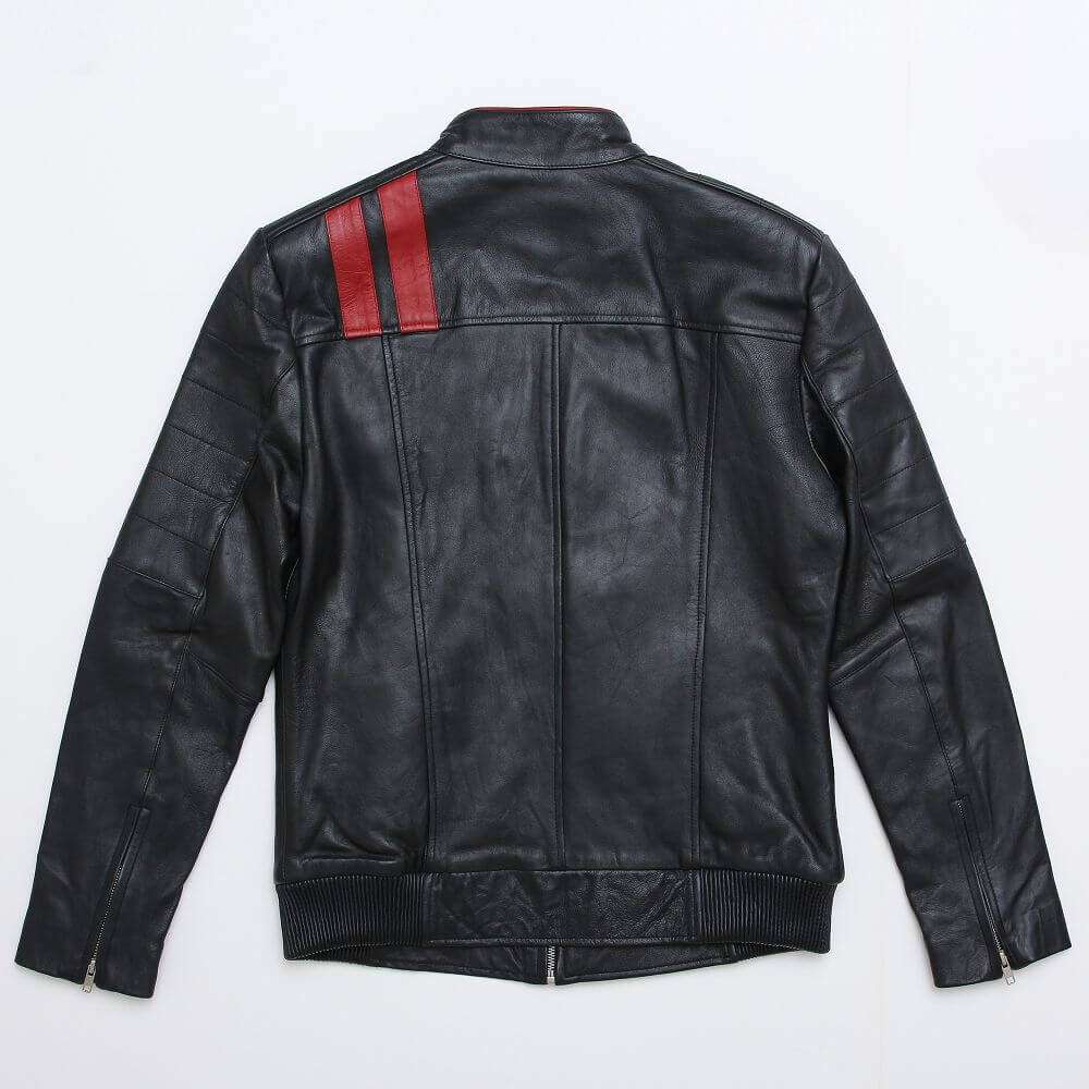 Black Leather Jacket With Red Stripe For Men