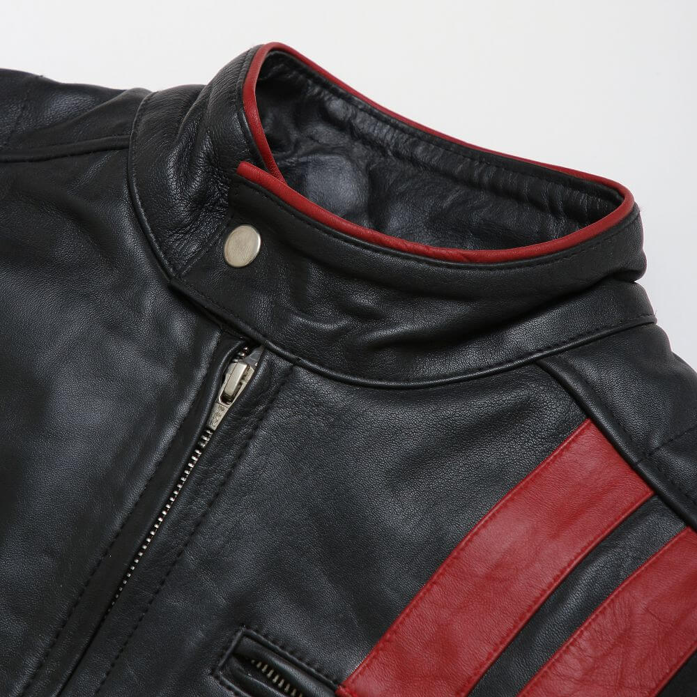 Black Leather Jacket With Red Stripe For Men