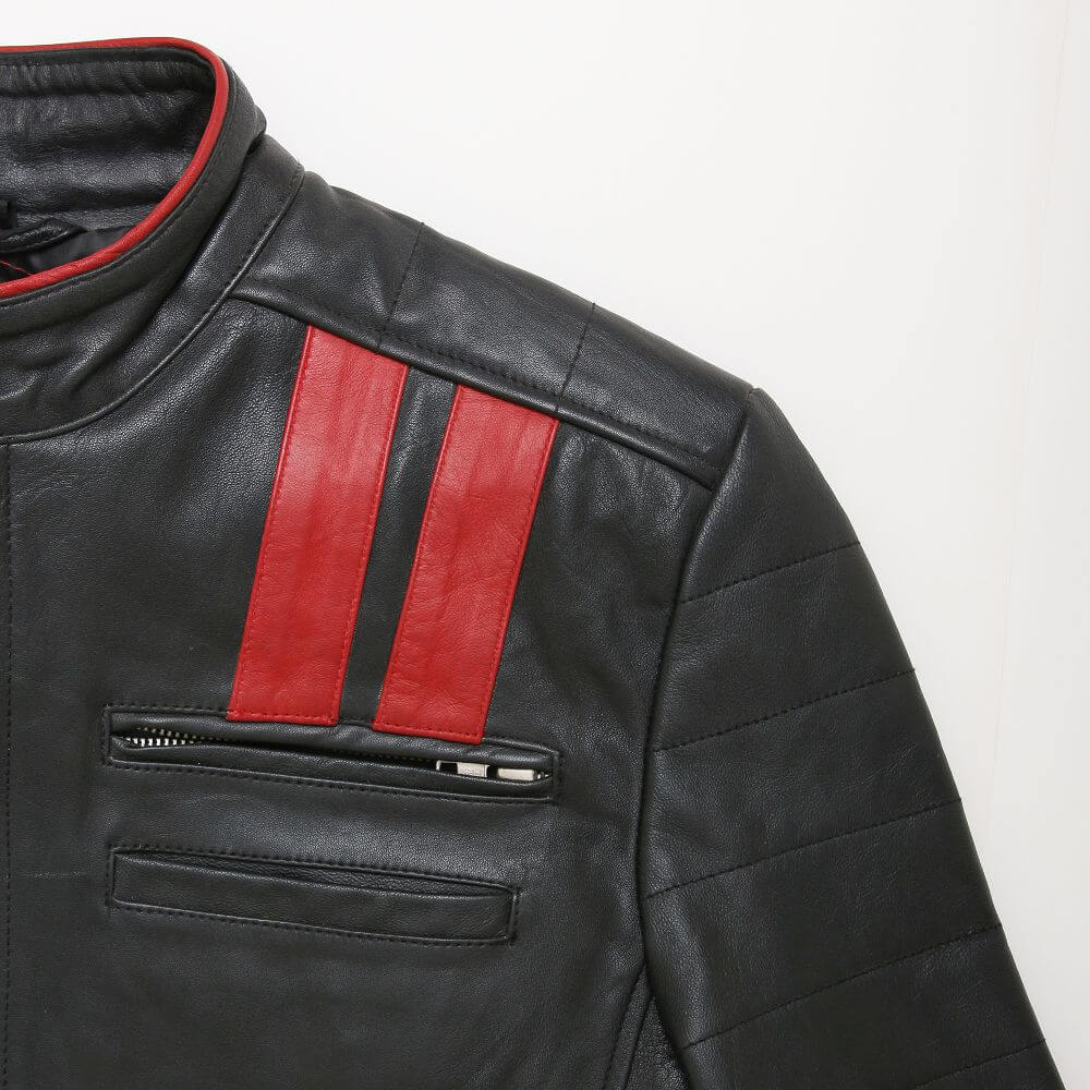 Black Leather Jacket With Red Stripe For Men