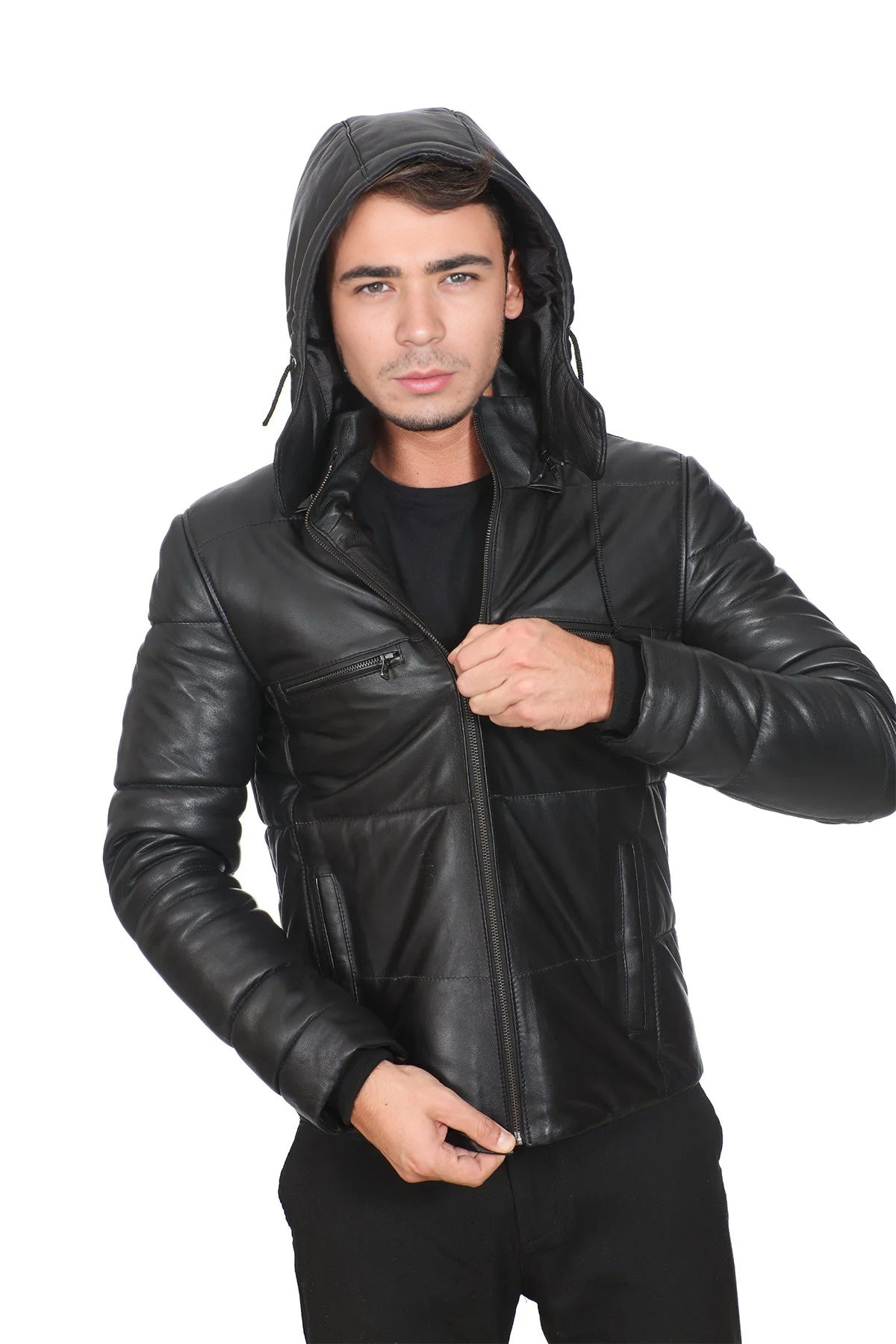 Joe Slim Fit Black Leather Jacket For Men With Hood