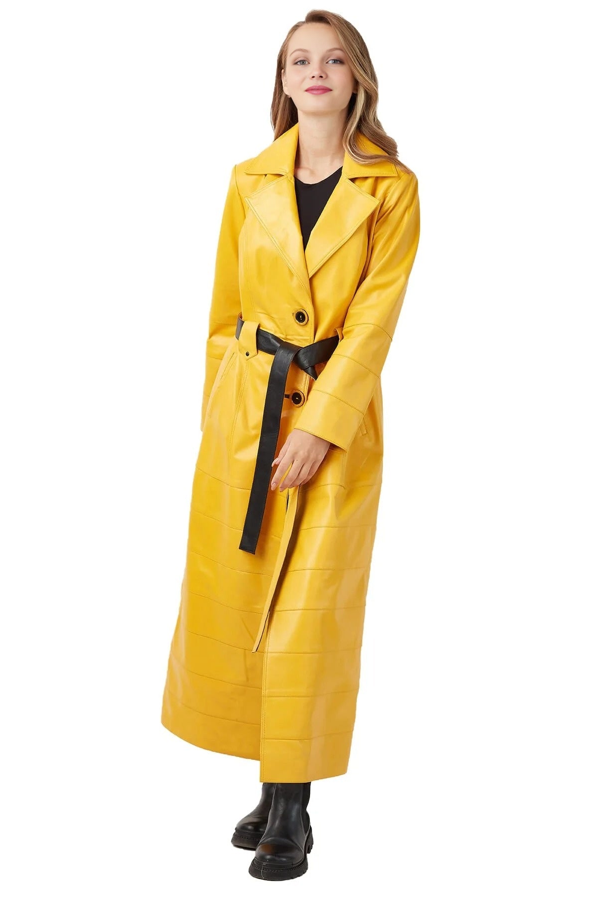 Mary Long Yellow Leather Coat With Center Belt For Women