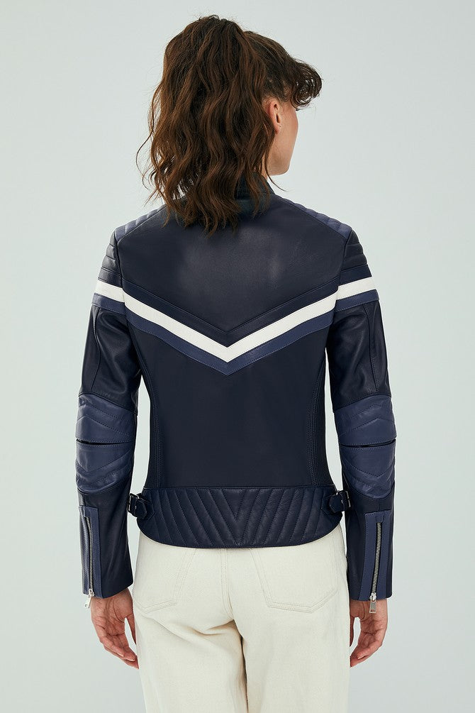 Stylish Black Women Leather Jacket With Beautiful Blue & White Color