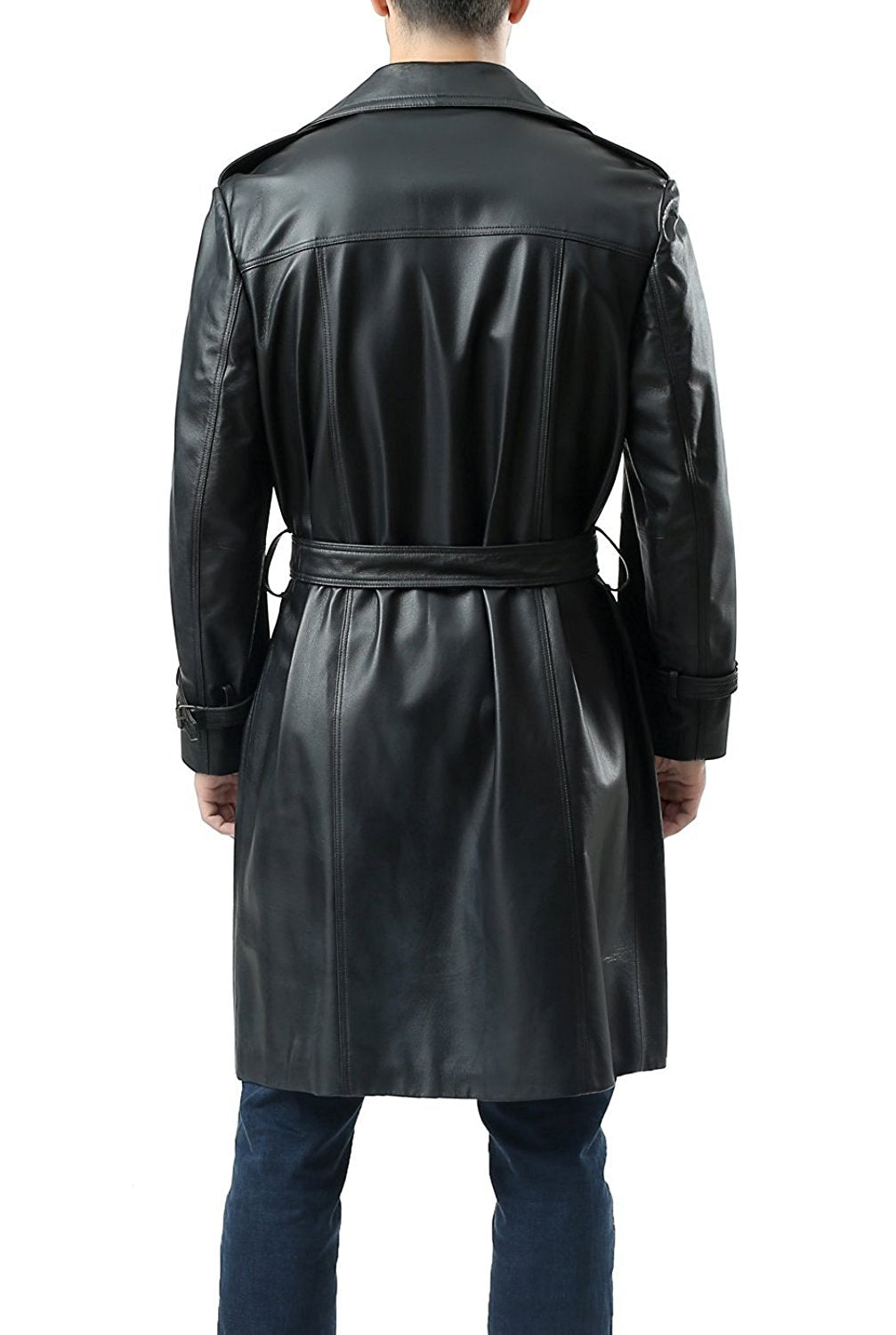 Black Trench Distressed Leather Coat For Men