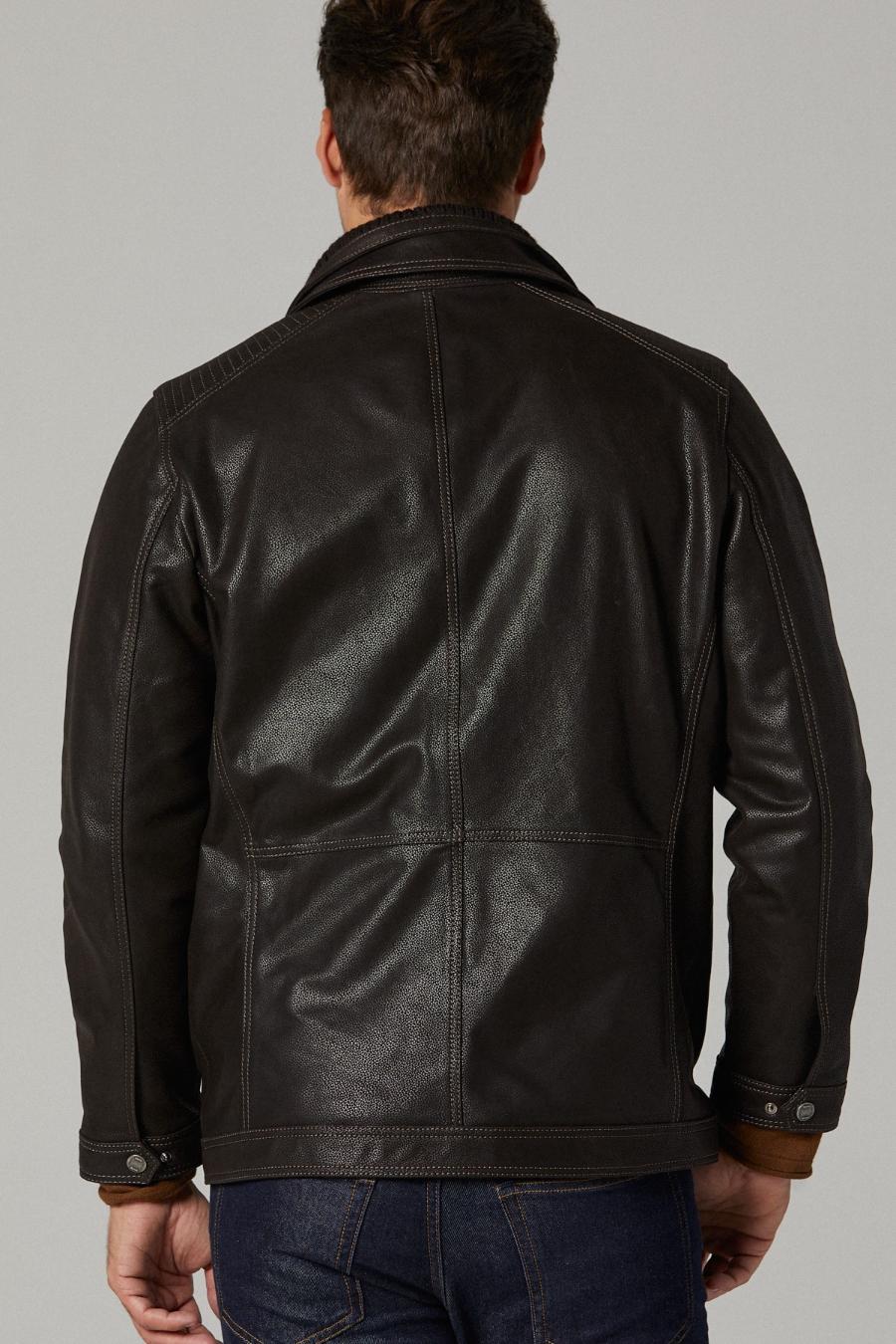 Rib-stitched Long Leather Jacket for Men - Dark Brown