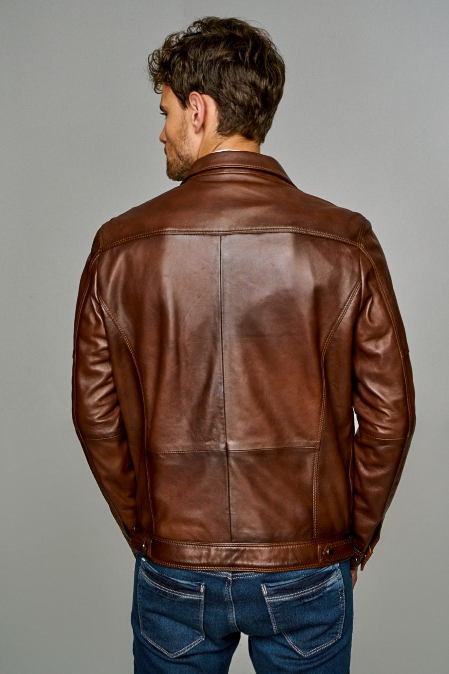 Brown Distressed High Collar Leather Jacket For Men