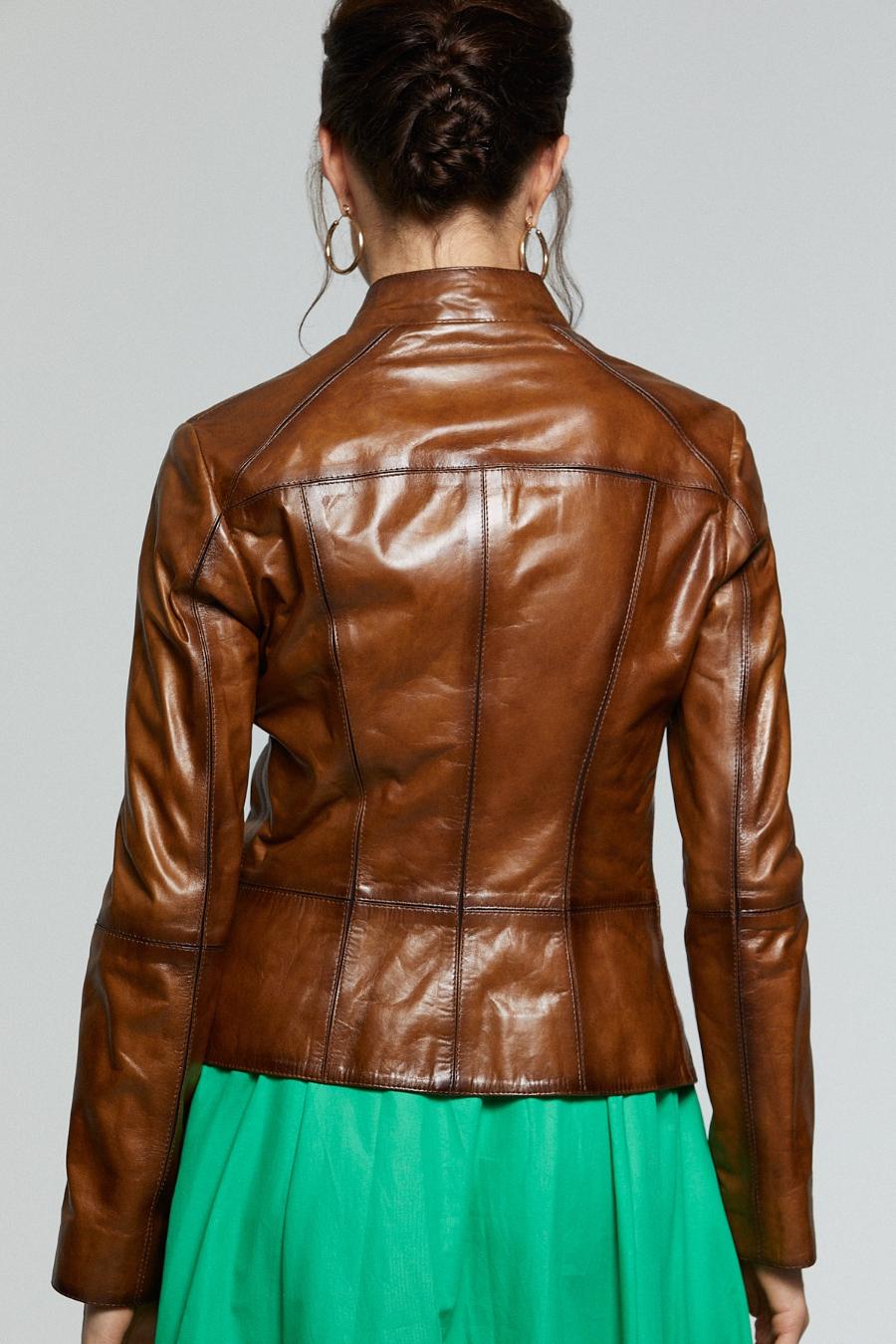Women Amber Cafe Rccer Brown Leather Jacket