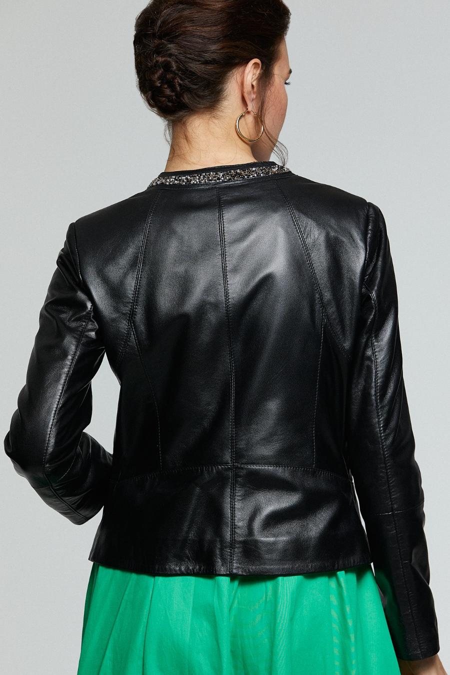 Stone Work Black Leather Jacket For Women