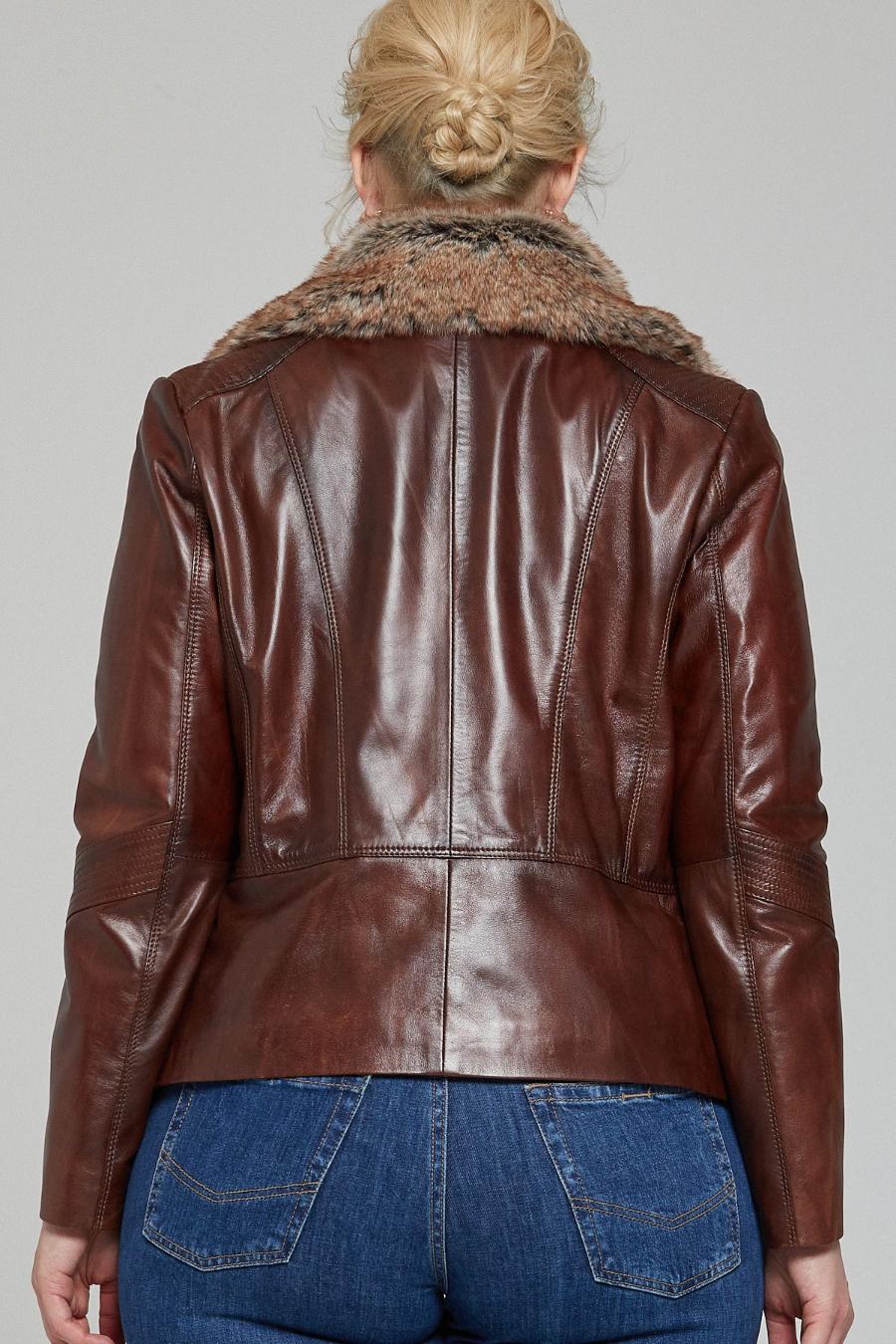 Women Dark Brown Chestnut Leather Jacket with Fur Collar