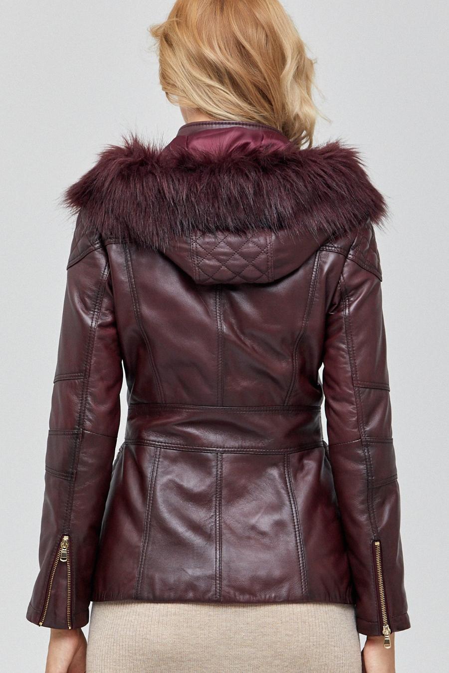 Flamboyant Brown Leather Jacket With Fur Hood And Center Belt For Women