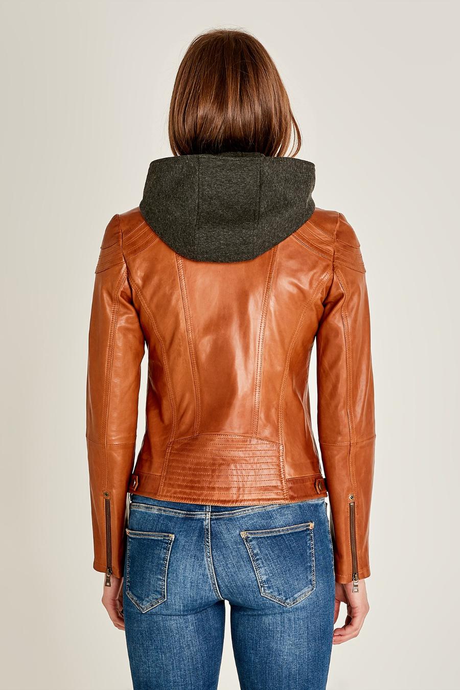 Vegas Stylish Brown Leather Hoodie Jacket For Women