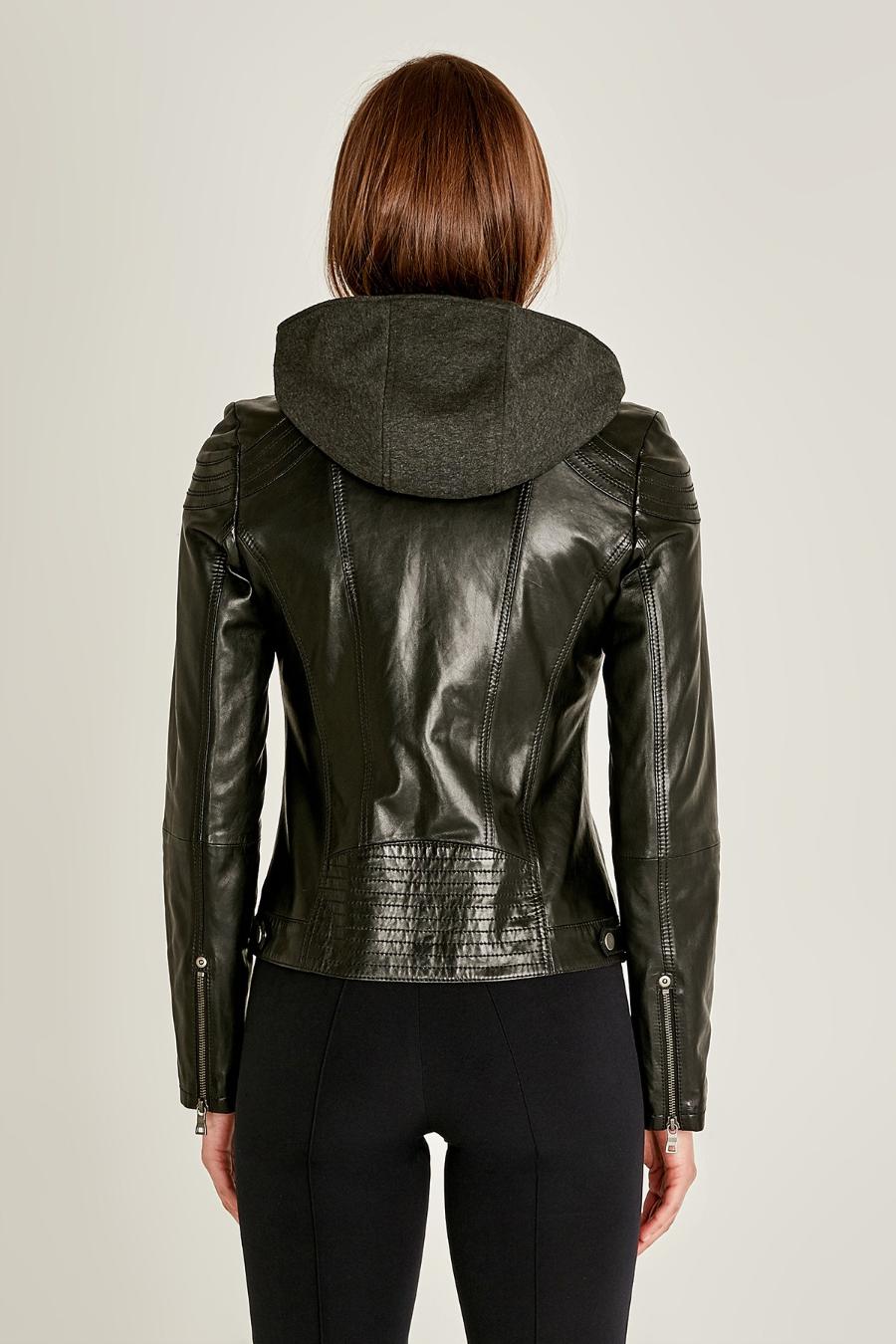 Vegas Black Motor Bike Leather Jacket With Hood For Women