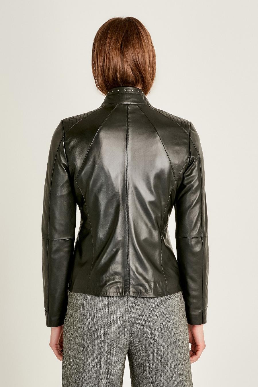 Rhinestone Motor Biker Racer Black Leather Jacket For Women