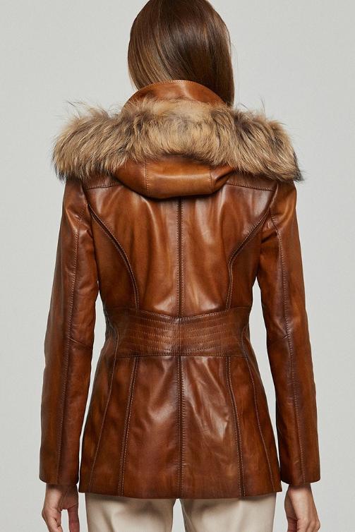 Ariana Women’s Leather Jacket with Faux Fur Hood - Brown