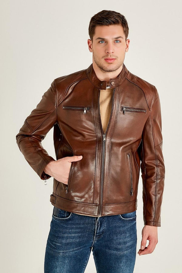 Classic Moto Brown Leather Jacket For Men