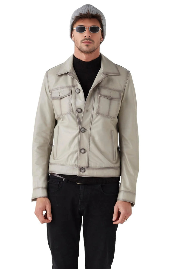 Matthew Beige Motorcycle Leather Jacket For Men