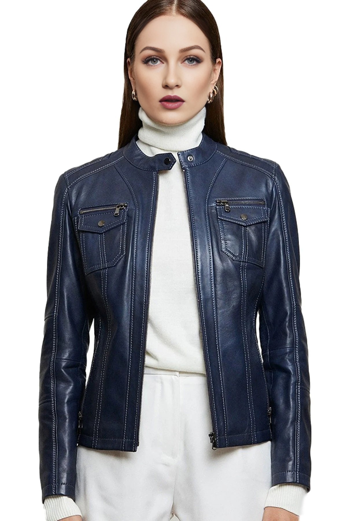 Stephanie Fit Blue Leather Jacket For Women