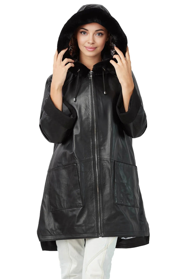 Riley Black Leather Coat For Women With Hood