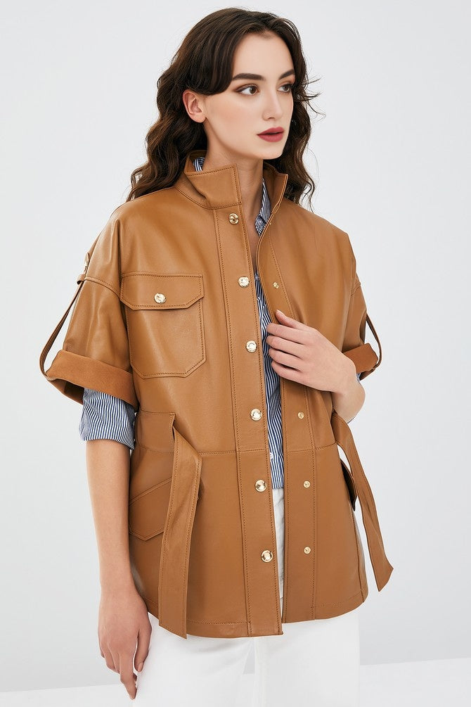 Brown Goldy Leather Jacket For Women's