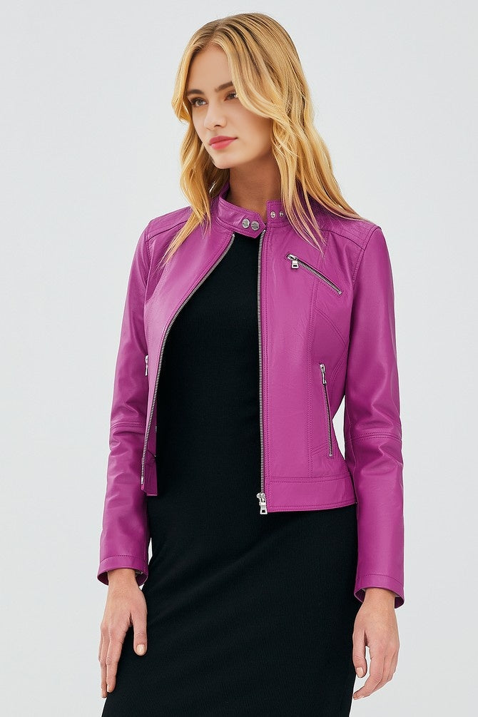 WOMEN STYLISH PINK LEATHER JACKET