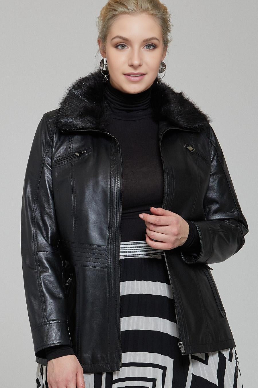 Morgan fur Collar Black Leather Jacket For Women