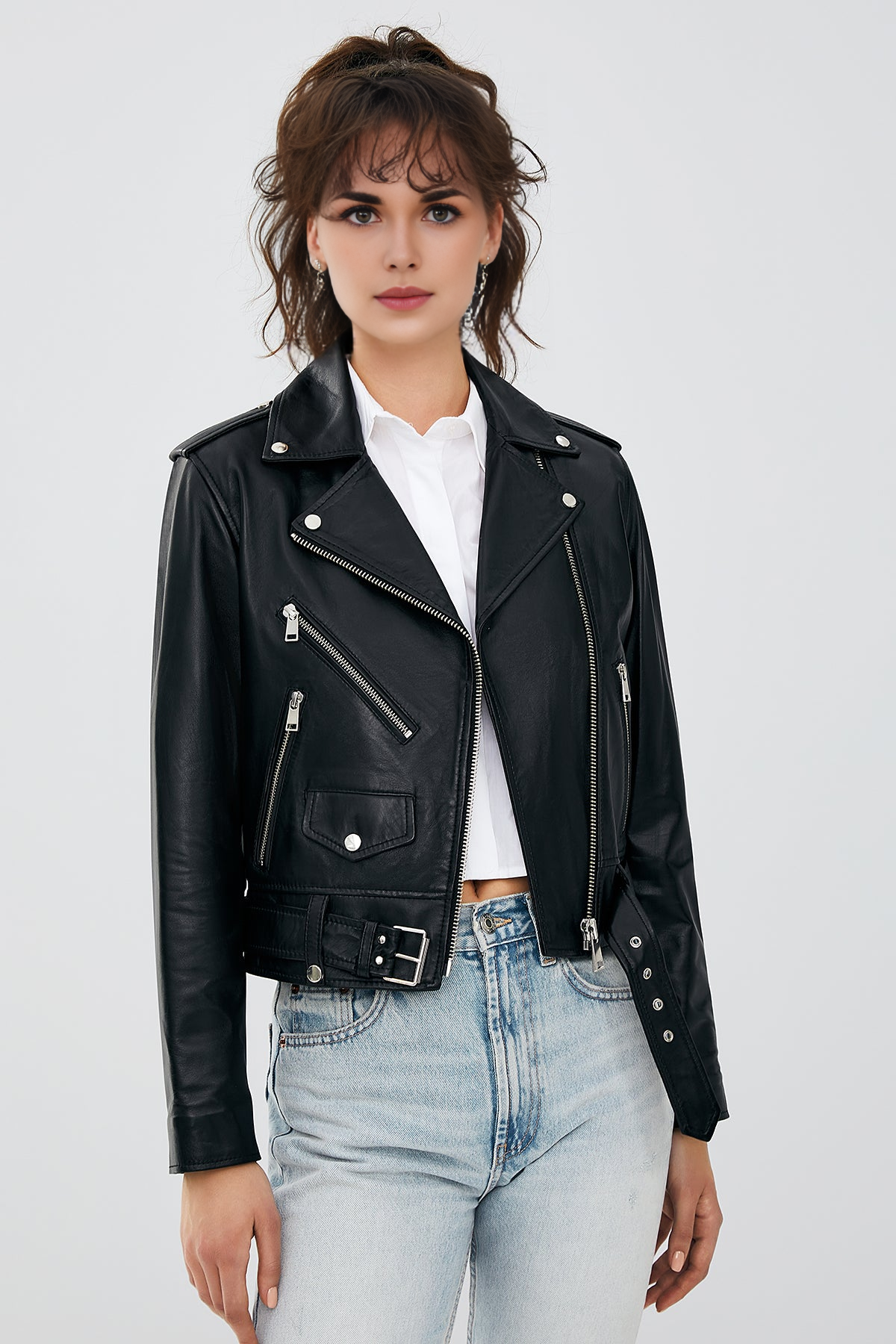 Newage Slim-Fit Black Biker Leather Jacket For Women