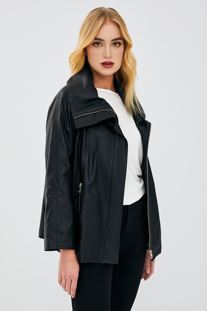 Brenda Free Style Sheepskin Black Leather Coat for Women's