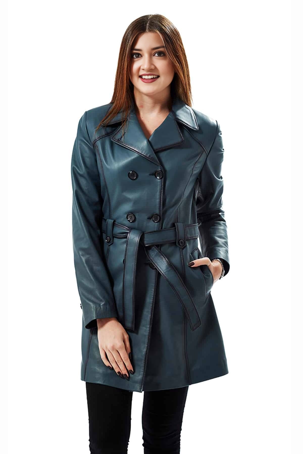 Kaylee Women Blue Waxed leather Coat With Center Belt