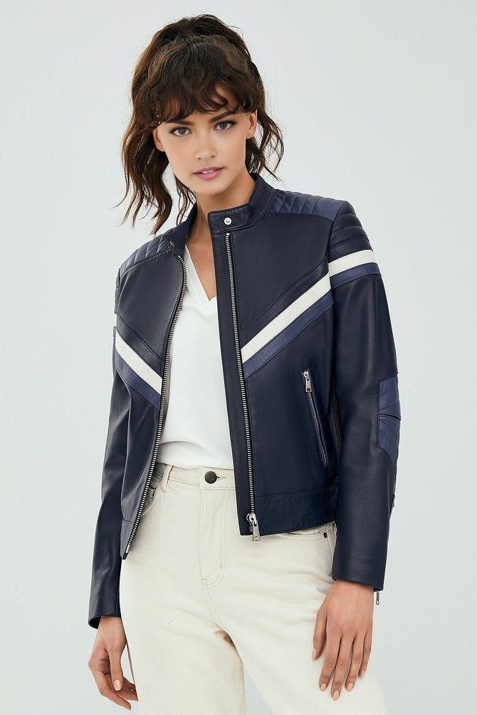 Jennifer Women Blue Stylish Biker Leather Jacket
