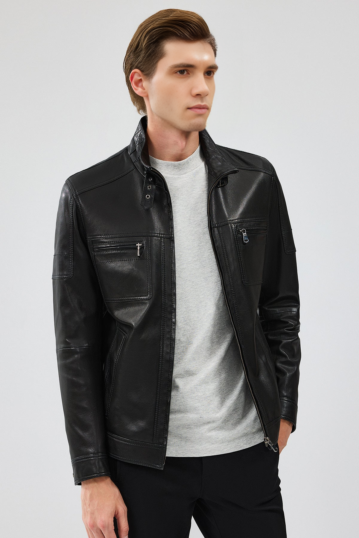 Wade Slim-Fit Black Leather Jacket For Men
