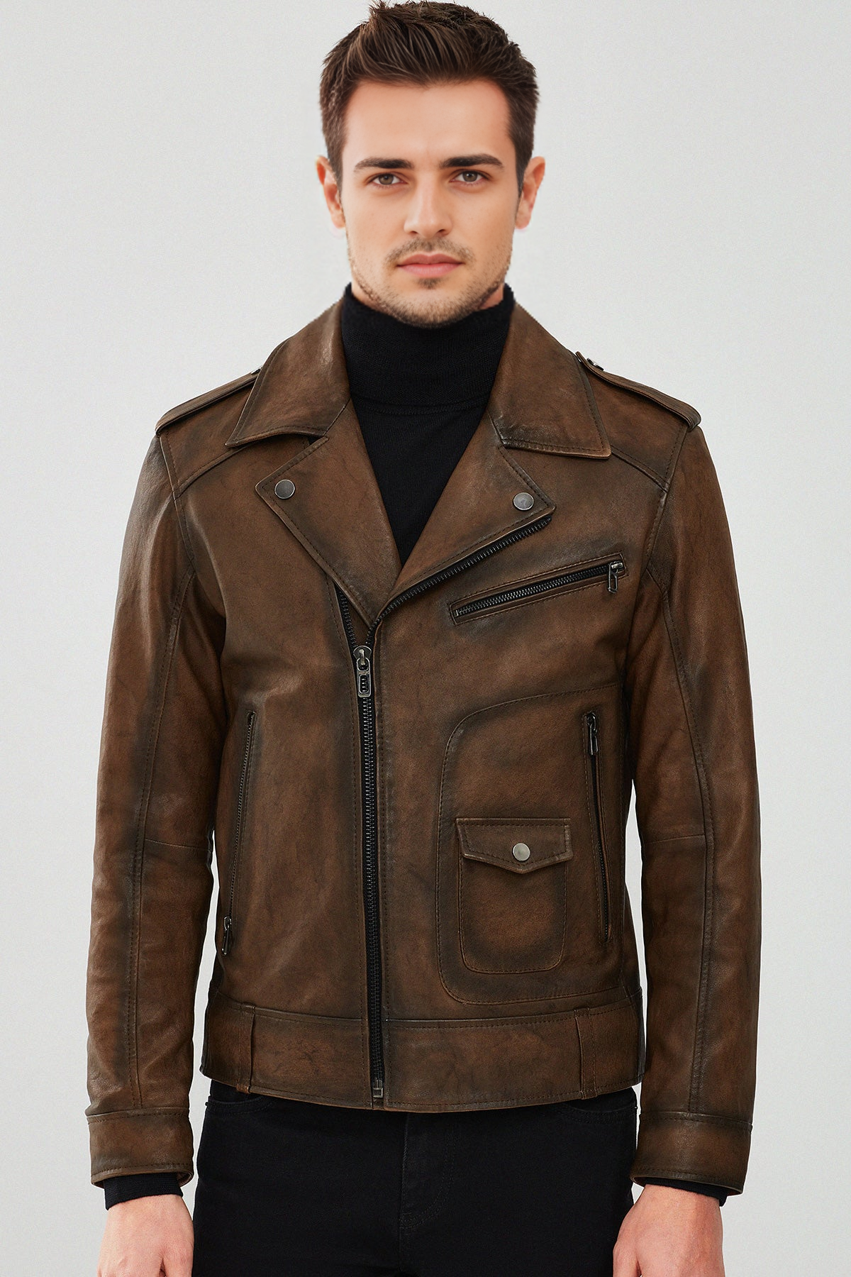 Carter Biker Brown Leather Jacket For Men