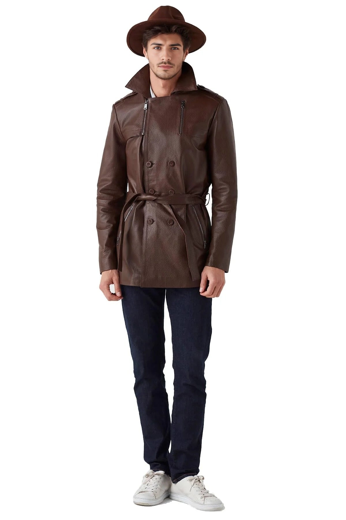 Thor Brown Trench Leather Coat For Men