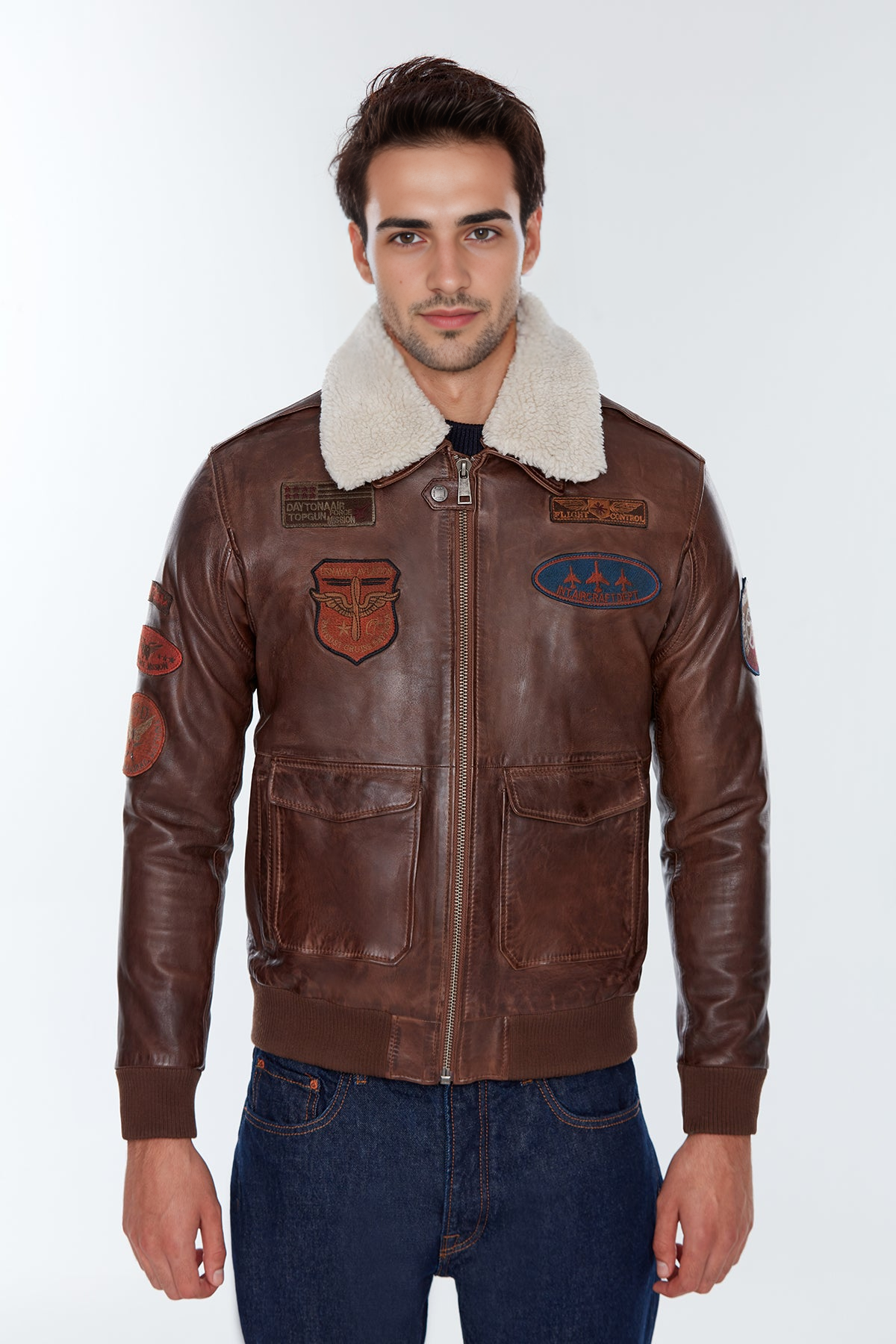 Maverick Pilot Fur Collar with Emblem Brown Leather Jacket For Men
