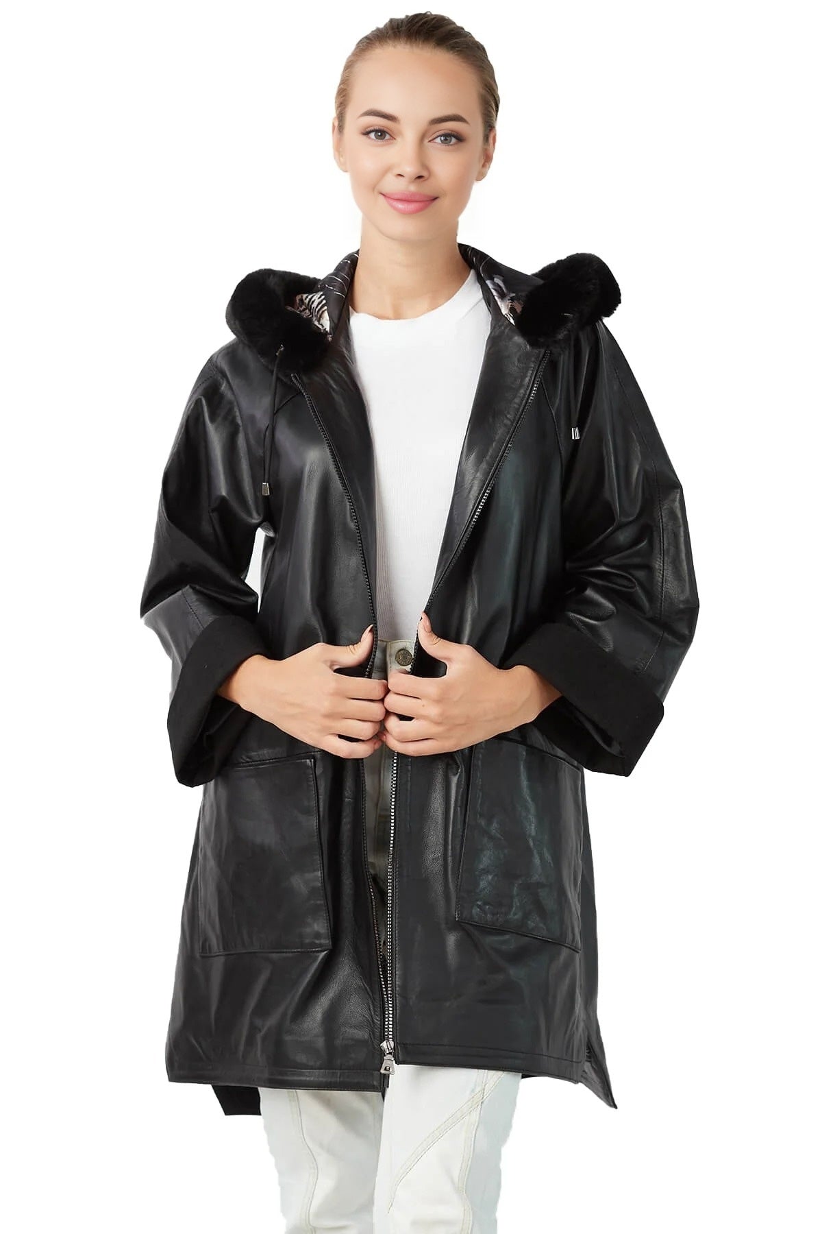 Riley Black Leather Coat For Women With Hood