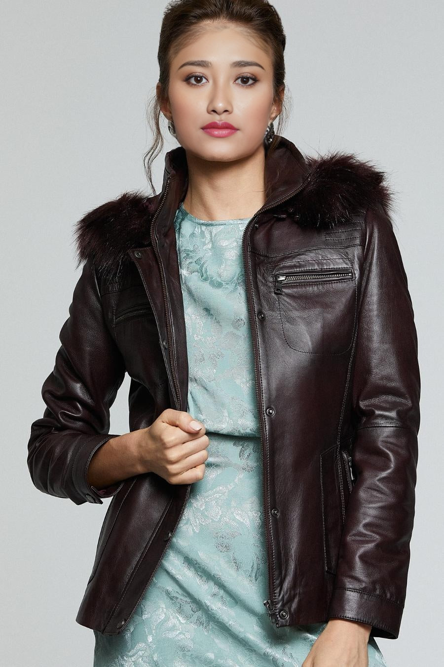 Ava Stylish Fur Hood Brown Leather Jacket For Women