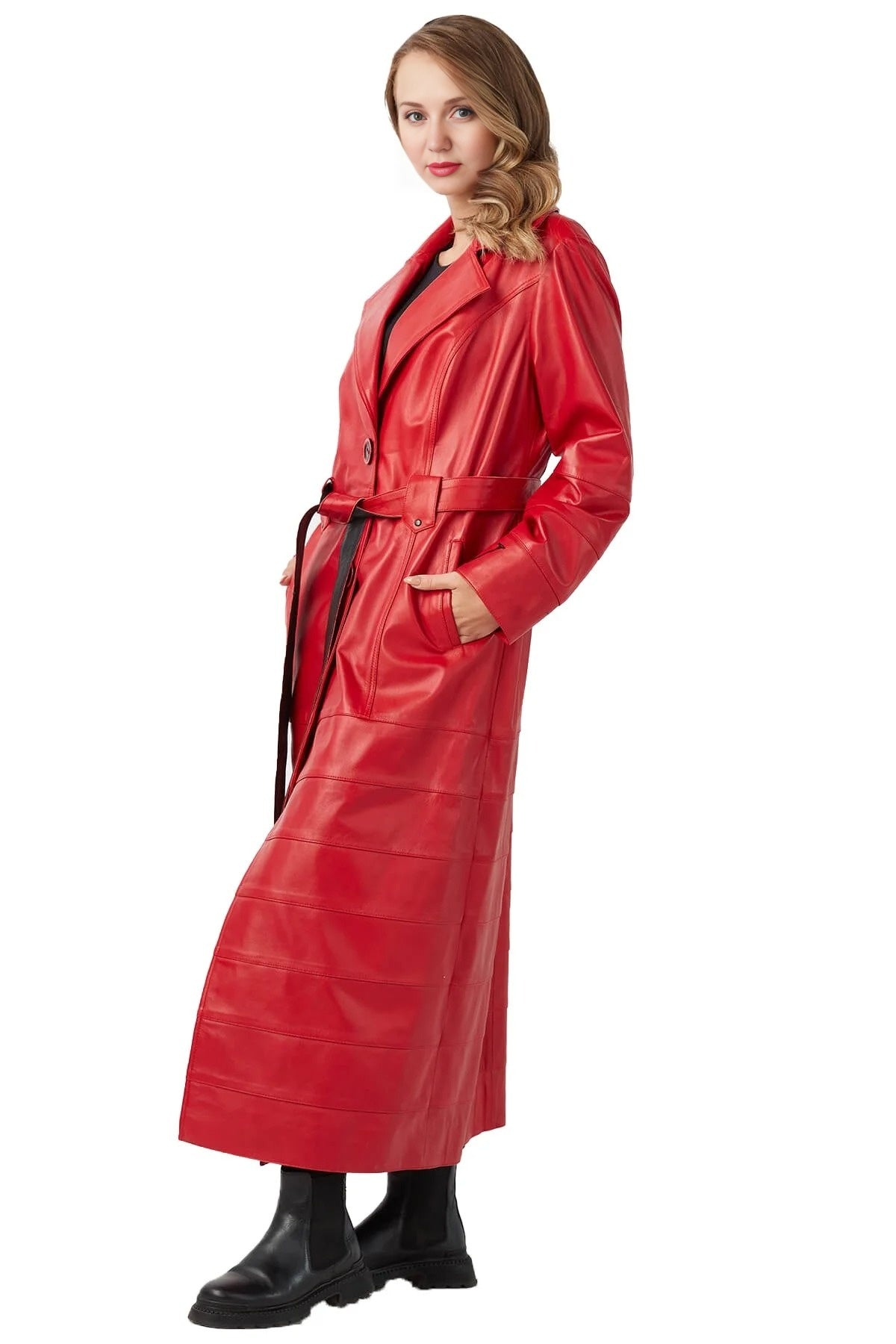 Rose Red Long Leather Coat With Center Belt For Women