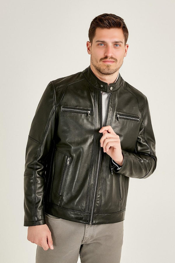 Classic Moto Black Stylish Leather Jacket For Men
